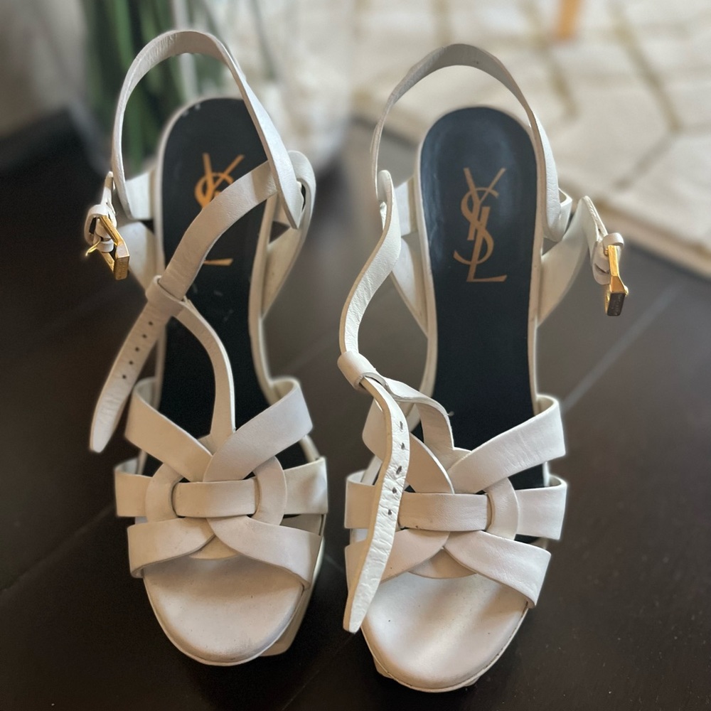 YSL Tribute Sandals in white: Size 36: 5 inch heels: worn under 10xs.